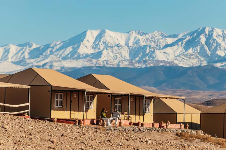 Marrakech: Agafay Desert Retreat, Tent, Dinner, Show & Pool - Camp time before dinner: tea, pools, sunset, and optional quad or camel